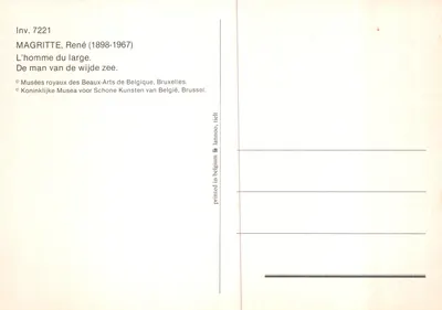 L'homme du large — scène de plage avec homme au corps noir et tête en bois — éditeur : Musées royaux des Beaux-Arts de Belgique, Bruxelles — Verso