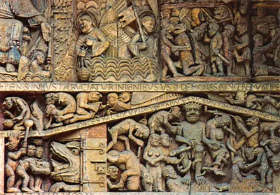 Conques (Aveyron) — Detalhe do tympano da igreja Santa Foy, entrada dos condenados nos Infernos — Éditions du Lys