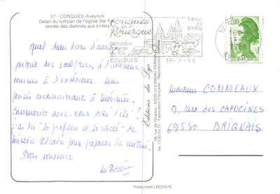 Conques (Aveyron) — Detalhe do tympano da igreja Santa Foy, entrada dos condenados nos Infernos — Éditions du Lys — Verso