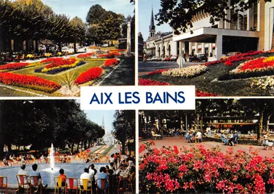 Aix-les-Bains — vue panoramique avec fontaine, fleurs et édifice moderne — éditeur IRIS, n° 38