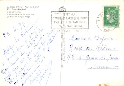Saint-Raphaël — Widok z lotu ptaka z Widokiem Zwycięstwa, portu i Fréjus-Plage — Spółka Wydawnictwo Francuskie, 2, rue Clapier, Marsylia — Rewers