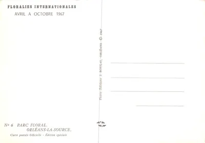Parque Floral — kiosque de palha no meio de maciços de flores — Floralies Internationales Orléans, edição J. Boulas, n°6 — Verso