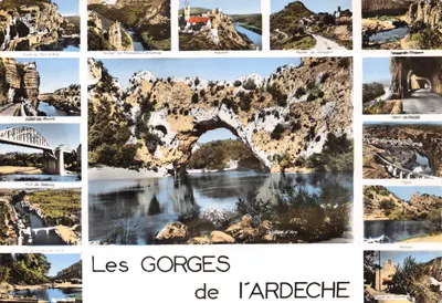 As GORGES da ARDECHE — vista do Pont d'Arc com colagem de paisagens (editor IMPRIMÉ SUR LA CARTE : J. CELLARD)
