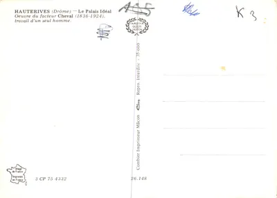 O Palácio Ideal — obra de Ferdinand Cheval (1836-1924) — Impresso na carta por Combiér Impressor em Mâcon — Verso