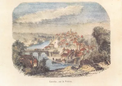 Uzerche, sobre a Vézère — vista do vilarejo e do ponte — gravura antiga editada por THÉOJAC