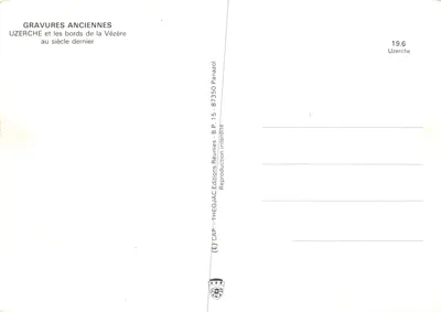 Uzerche, sobre a Vézère — vista do vilarejo e do ponte — gravura antiga editada por THÉOJAC — Verso