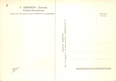 Caça Renascentista — cena de caça na floresta — editor Ateliers Léon Andraud em Aubusson — Verso