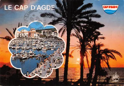Le Cap d'Agde — vista do porto ao pôr do sol com palmeiras — éditeur MAR