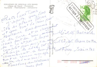 Gréoux-les-Bains — estação termal à beira do Verdon — Éditions S.E.P.T. - 285/69 — Verso