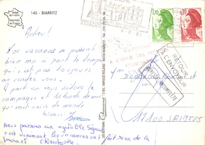 Biarritz — Rocher de la Vierge, Port des Pêcheurs, Plage, Phare — Éditions Thouand — Verso