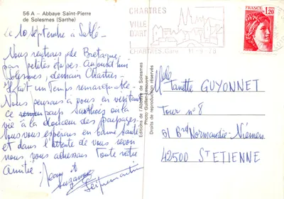 Abbaye Saint-Pierre de Solesmes — vue du bâtiment reflété dans un étang — Éditions de l'Abbaye de Solesmes — Verso