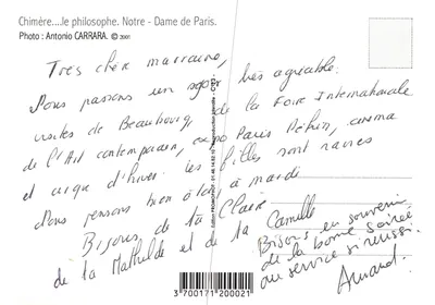 Gargouilles de Notre-Dame de Paris — vue sur Paris — Photo Antonio Carrara © 2001, édition PROMOPHOT-01.48.14.82.10 — Verso