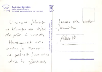 Bernadette Soubirous — portrait peint par L. du Roure — Éditions Durand — Verso