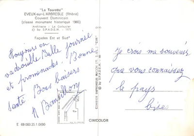 Couvent Sainte-Marie 'La Tourette' — Édifice de style brutaliste, façades Est et Sud — Imprimeur Combier, n° E 69.083.25.1.0690 — Verso