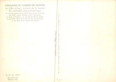 Antibes — widok z lotu ptaka, plaża i port — Souvenir d'Antibes, wydawca Editions Jean-Jaurès — Rewers