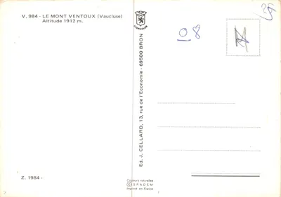 le Mont Ventoux — géant de Provence — éditeur Ed. J. CELLARD, 13, rue de l’Économie, Bron — Verso