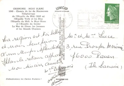 Chamonix Mont-Blanc — vista panoramica con treno, cime e ghiacciaio — editore IRIS — Verso