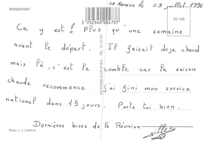 La Réunion — wyobrażenie wybrzeża z falami i gałęziami — Wydawnictwo Clin d'Œil, RE 109 — Rewers