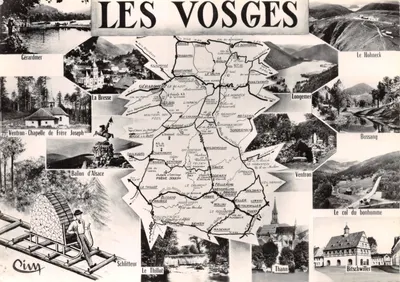 Les Vosges — carte postale illustrée avec carte et vignettes de lieux — éditeur Cimy