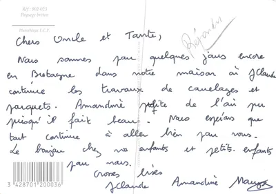Paysage breton — maison blanche avec volets bleus et voiliers — Éditions Claude Fleur — Verso