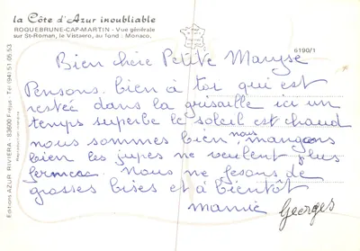 Vue générale de Roquebrune-Cap-Martin — Monaco au fond — éditeur Éditions AZUR RIVIERA — Verso