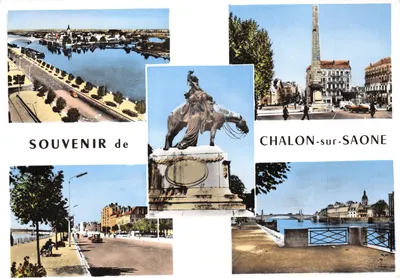 Chalon-sur-Saône — vista panorâmica com obélisco, estátua ecalástre e margens — Imprimerie BOURGEOIS