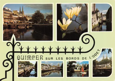 Quimper sur les bords de l'Odet — vue panoramique avec magnolias en fleurs, cathédrale et tourelle de Locmaria