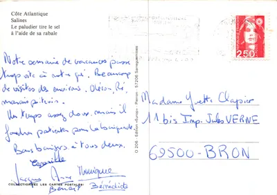 Salines de l'Atlantique — travailleur salin avec râteau — Édition « Europ » Sarreguemines n° 0206 — Verso