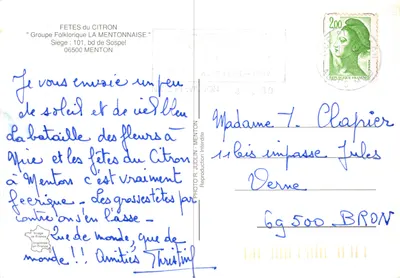 Fête du Citron — Décor monumental en citrons avec scène folklorique — Groupe Folklorique LA MENTONNAISE — Verso