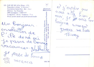 Le paquebot 'L'Ilienne' — croisière côtière à l'Île de Ré — éditeur ARTAUD Frères, Nantes — Verso