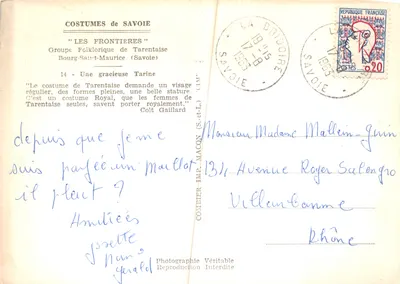 Femme en costume de Tarentaise — scène de montagne — Cimy — Verso