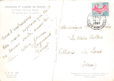 Corse — scène de village avec femme sur âne — Éditions d'Art 'YVON' — Verso