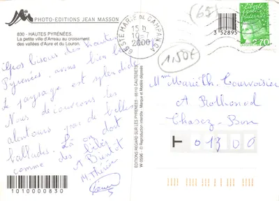 Arreau - Dolina Aure — panoramiczny widok wsi i gór, wydawca PHOTO-EDITIONS JEAN MASSON, nr 0596 — Rewers