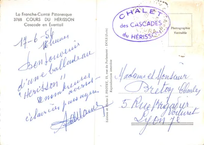 Cascades en Éventail — chute d'eau en plusieurs étages — Édition et Photo E. PROTET, 3768 Cours du Hérisson (Jura) — Verso