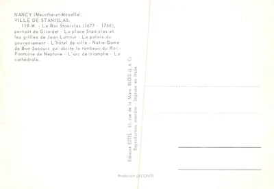 Nancy — Miasto Króla Stanisława — kolorowa karta z widokami i portretem króla Stanisława, wydawca ESTEL — Rewers