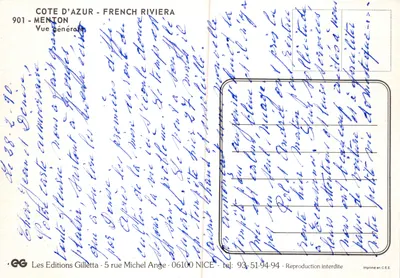 Menton - Riviera Côte d'Azur — vue générale du port et des montagnes, éditeur Les Editions Gilletta, n° 901 — Verso