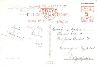 Mont-Saint-Michel — widok z południa z klasztorem i miastem — Service Commercial Monuments Historiques — Rewers