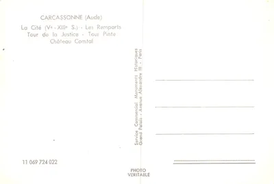 Carcassonne (Aude) — A Cidade (Ve-XIIIe s.) - Os Muros, Torre da Justiça - Torre Pinte, Castelo Comtal — Service Commercial Historiques Grand Palais - Avenue Alexandre III - Paris, n° 11 069 724 022 — Verso