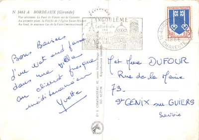Bordeaux — vue aérienne avec le pont Pierre et la flèche de l'église Saint-Michel — Éditeur Angoulême, N° 3461 A — Verso
