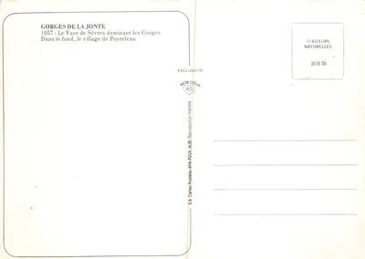 Gorges de la Jonte — Le Vase de Sèvres dominujący nad Gorges, z wioską Peyreleau w tle — wydawca S.A. Cartes Postales APA-POUX, ALBI — Rewers