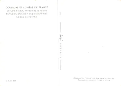 Beaulieu-sur-Mer — baie des Fourmis — Éditions d'Art 'YVON' — Verso