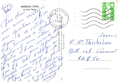 Wielki Teatr w Bordeaux — fasada neoklasyczna z kolumnadą korинфianską — wydawca CARTES POSTALES — Rewers