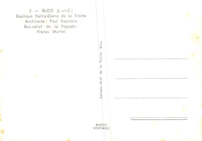 Bazylika Najświętszej Panny Maryi Trójcy — fasada z wyrzeźbionym bas-reliéfem — Éditions N.-D. de la Trinité - Blois — Rewers
