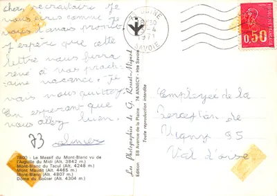Mont-Blanc du Tacul — panoryma szczytów otaczających — Fotografie G. Rossat-Mignoda, Wydawnictwo Savoie — Rewers
