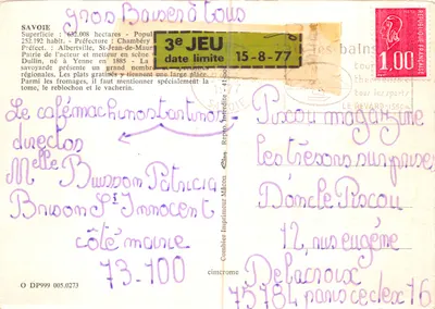 Savoie — cartolina turistica con mappa e vignette — editore Combière Imprimeur — Verso