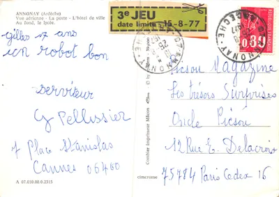 Annonay (Ardèche) — widok z powietrza z ratuszem i liceum w tle — Wydawca Combier — Rewers