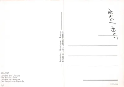 Besuch eines Bischofs — Innenraum-Szene mit fünf Personen um einen Tisch — Verlag Fotocolor. Dominguez Ramos — Rückseite