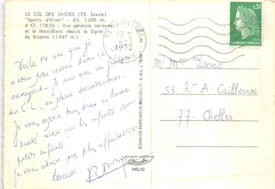 Mont Blanc — widok z Col des Saisies 1650m — wydawca Combier Imprimeur — Rewers