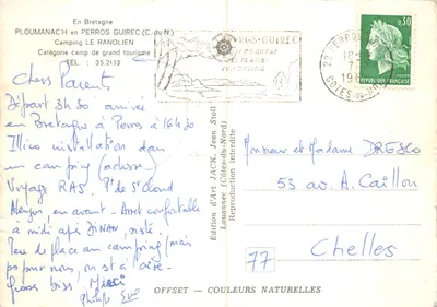 Camping Le Ranolien — vista panoramica e scene di campeggio in Bretagna — editore Jean Stoll — Verso