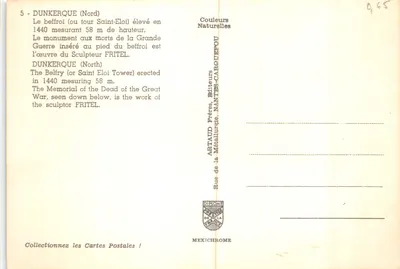 Dunkerque (Nord) — beffroi (tour Saint-Eloi) — éditeur ARTAUD Frères, Nantes-Carquefou — Verso
